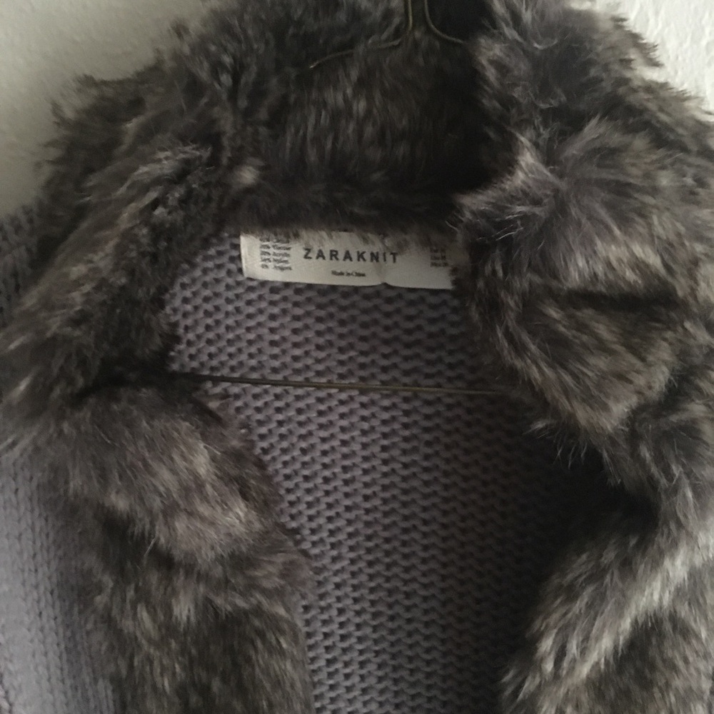 Chunky Grey Zara Knit Open Sweater Cardigan with Faux Vegan Fur - Picture 8 of 8